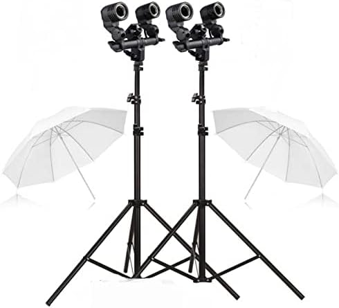 Pair E27 Studio Photography Double Socket Holder KIT Umbrella White + Studio Light Stand 9 FT + Umbrella and Bulb Holder KIT Set of 3 (Double Holder Photo Studio Set)