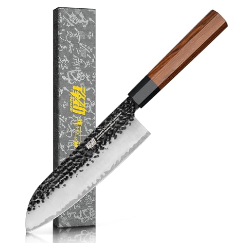 FINDKING Dynasty Series Japanese Santoku Knife, Professional Kitchen Knife, 9Cr18MoV High Carbon Steel Blade, African Rosewood Octagonal Handle, for Meat, Fruits, Vegetables, 7 Inches/18 cm