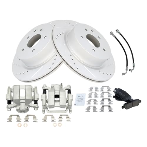Image of TRQ Performance Rear Brake Pad and Rotor Set Ceramic Drilled Slotted Coated Rotors Calipers Compatible with 2005-2007 Infiniti G35 2006-2008 Nissan 350Z