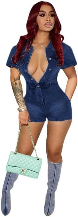 Molilove Women's Vintage Short Denim Jumpsuit Short Sleeve Button Down Jean Jumpsuit Rompers with Pockets - Image 5