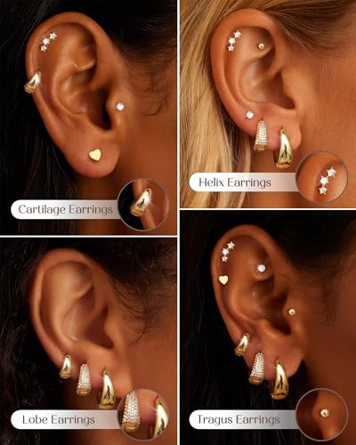 Hypoallergenic 14K Gold Plated Hoop Stud Earrings for Women Surgical Stainless Steel Flat Back Earrings Lightweight Small Chunky Huggie Hoops Cartilage Earring Stacks for Multiple Piercing Women Gifts4