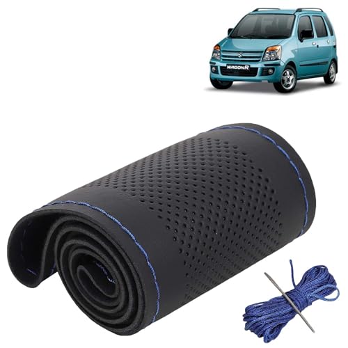 Image of KINGSWAY PU Leatherite Car Steering Cover Sewable Compatible with Maruti Suzuki Wagon R (Year 2003-2010), Black Color with Blue Thread, Pack of 1 with Sewing Needle and Thread