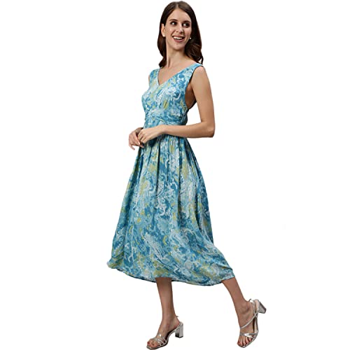 Image of Ishin Women's Midi Georgette Printed Bohemian Blue Fit and Flare Dress