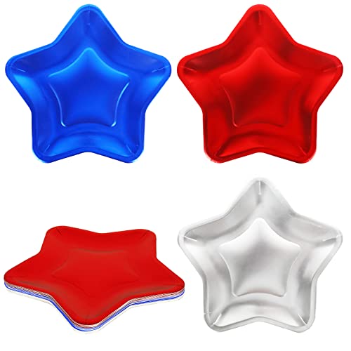 Whaline 30Pcs Patriotic Paper Plates Red Blue Sliver Star Shaped Disposable Plates July 4th Decorative Tableware for Independence Day Party Supplies Table Decorations, 9.8 x 9.8 Inch