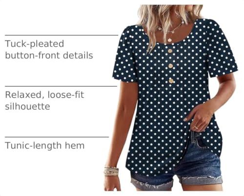 Image of Womens Tops Dressy Casual Blouses Short Sleeve Shirts Plus Size Fashion Clothing Spring Summer Outfits Button Pleated Front