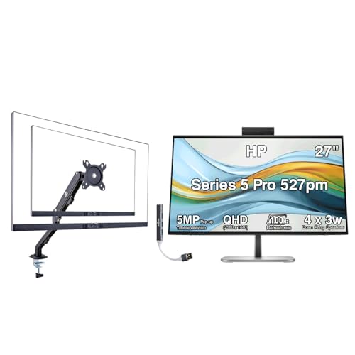 Image of HP Series 5 Pro 527pm 27 inch QHD USB-C Conferencing Monitor, 5MP Pop-up Webcam, 4x3W Speakers, VESA Mount (100mm), Displayport, HDMI, Black /Silver (9E0Y9UT#ABA) w /DKZ Hub & ErgoFlexy Single Mount Arm