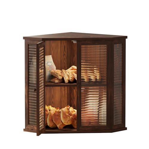 Aycarzcy Corner bread box Bread Box for Kitchen Countertop - Corner Bread Storage Box 16.51" H, Premium Pine Wood with Glass Door, Perfect for Homemade Bread, Baguettes & Pastries (Pine wood)