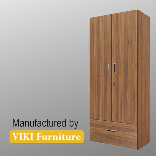 Image of VIKI Wardrobe |Wooden Almirah for 2 Door Wardrobe with 1 Drawer & Hanging Space (Brussel Walnut - 40D x 80W x 180.8H) | 1 Year Warranty | Free Assembly