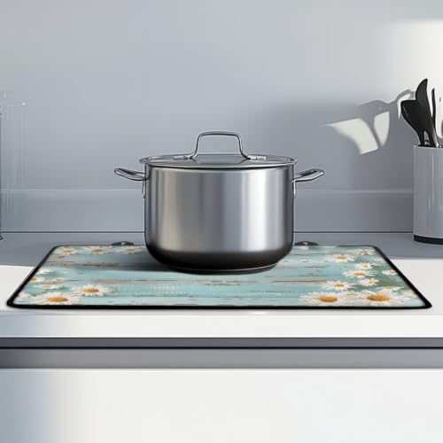 Image of Stove Top Covers for Electric Stove Heat Resistant Glass Ceramic Cooktop Cover Mat Multipurpose Kitchen Heat Resistant Flat Top Stove Cover, 29 x 21 Inch, Daisy Pale Blue Wood Grain
