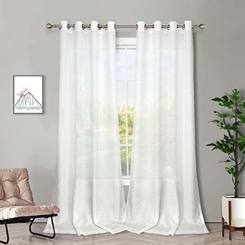 Oturma Odası için Beyaz Yarı Şeffaf Perdeler 241 cm Uzunluğunda; Keten Görünümlü Yatak Odası Gromet Üst Vual Perdeler, 132 x 226 cm (2 Panel)