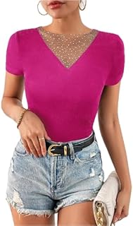 تي شيرت قصير الأكمام مع رقعة شبكية للنساء من كيكو ميلانو، لون وردي فاقع، تفاصيل بأحجار الراين، قصة ضيقة سليم فت