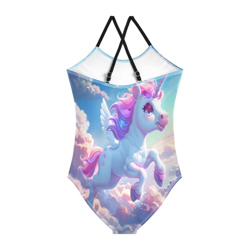 Bolaz Girls Swimsuits One-Piece Bathing Suits Multicolor Kids Sport Summer Beach Swimwear for 3-10 Years Old-Cartoon Cute Unicorn Clouds2