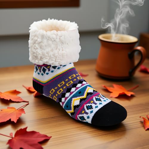Image of Pudus Cozy Winter Slipper Socks Women & Men w Non-Slip Grippers Faux Fur Sherpa