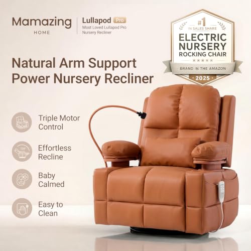 Image of MAMAZING Lullapod Power Nursery Rocking Chair with HugAssist Armrest | Triple Motor Power Nursing Recliner with 270 Swivel Glider & Quiet Rocking, Dual Charging Ports & Built-In Storage