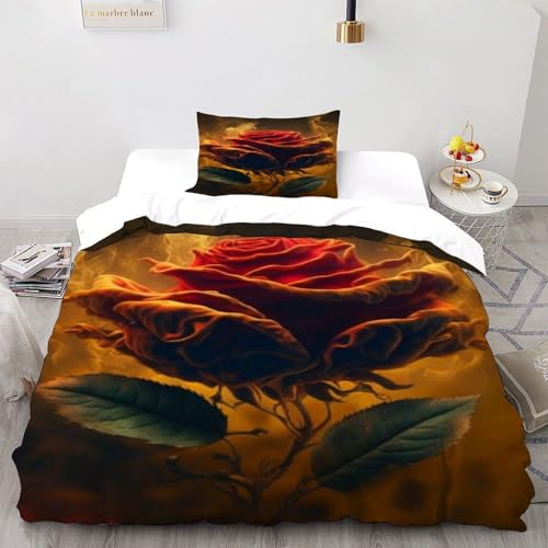 DICENOR Rose Flame Ensemble De Literie Flower Housse De Couette À 2 Pièces Garcons Et Filles -1 Taie d'oreiller(50 * 75) Single（135x200cm）