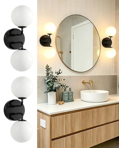 Image of Yunnix Black Bathroom Vanity Light, Modern Globe Vanity Light with Milk White Glass Shade, Mid Century Vanity Lighting Wall Sconce for Mirror, Bathroom Hallway Entryway (2 Pack, Bulbs Not Included)