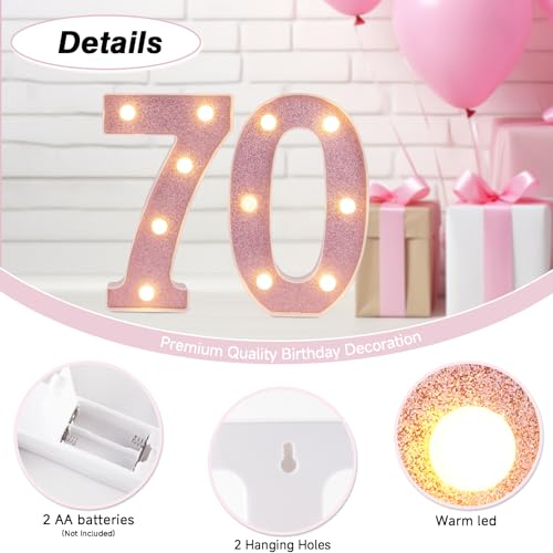 Image of Led Light Up Numbers, 70th Birthday Decorations, Marquee Numbers Lights, Battery Powered Light Up Sign for 30 Decor Party (Pink Glitter)