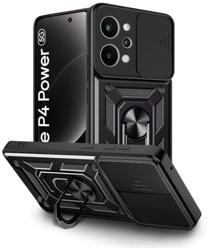 Image of WOW IMAGINE Tough Armor Bumper Mobile Back Case for Realme P4 Power 5G | Narzo Power 5G | Sliding Camera Cover | Shock Proof 360 Protection | Hybrid PC + TPU | Ring Holder with Kickstand - Black
