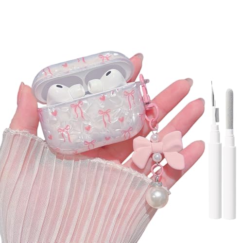 Image of MINSCOSE for Cute Glitter AirPods Pro 3rd Generation Case (2025) with Cleaner Kit,Shell Pattern Bow Ribbon Trendy Design with Bowknot Pearl Keychain for Girls Women for Airpods Pro 3-Pink