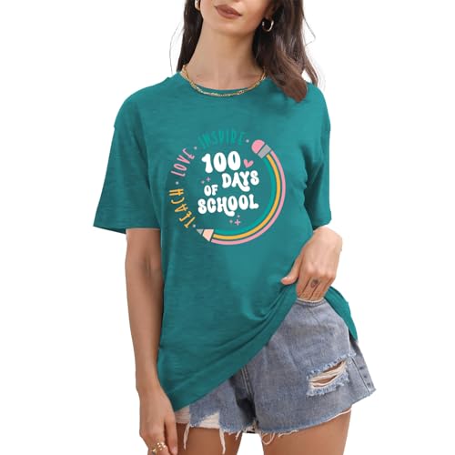 Image of 100th Day of School Shirt for Women Teacher Graphic T-Shirt Funny Teach Short Sleeve Tee Tops