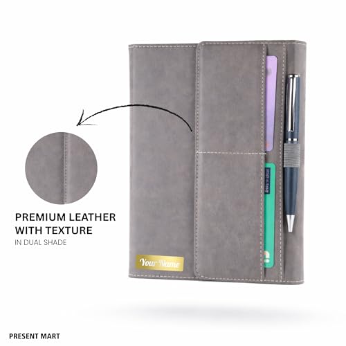 Image of FoldBook Stash Personalized Name Print A5 Notebook with Magnetic Flap Closure, 3-Fold Organizer Cover with Pockets & Pen Slot, 192 Pages 80 GSM Paper, Bookmark Ribbon, Custom Journal for Office School Gifts (GREY)