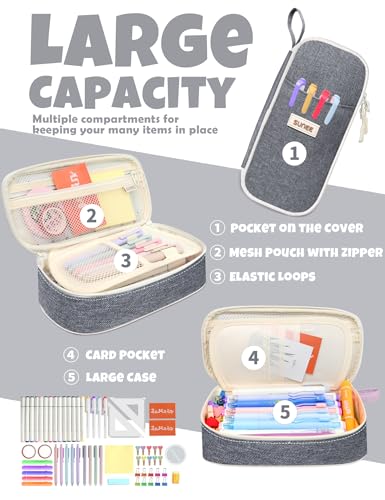 Image of SUNEE Cute Pencil Case, Aesthetic Pen Pouch, Colored Large Pencil Bag with Zipper, Kawaii Stationery Storage and Organizer, School Supplies for Teen and Adult Girls, Gray