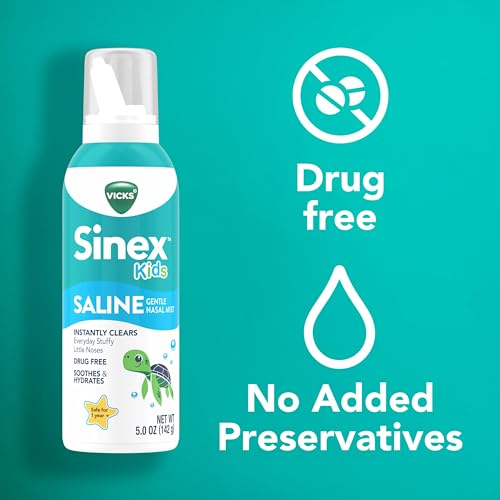 Vicks Sinex, Children's Saline Nasal Spray, Drug Free Ultra Fine Mist with Hint of Aloe, Ages 1+, Fast Everyday Stuffy Nose Relief for Kids, Clear Mucus from a Cold or Allergy, 5 OZ x 2 - image 7