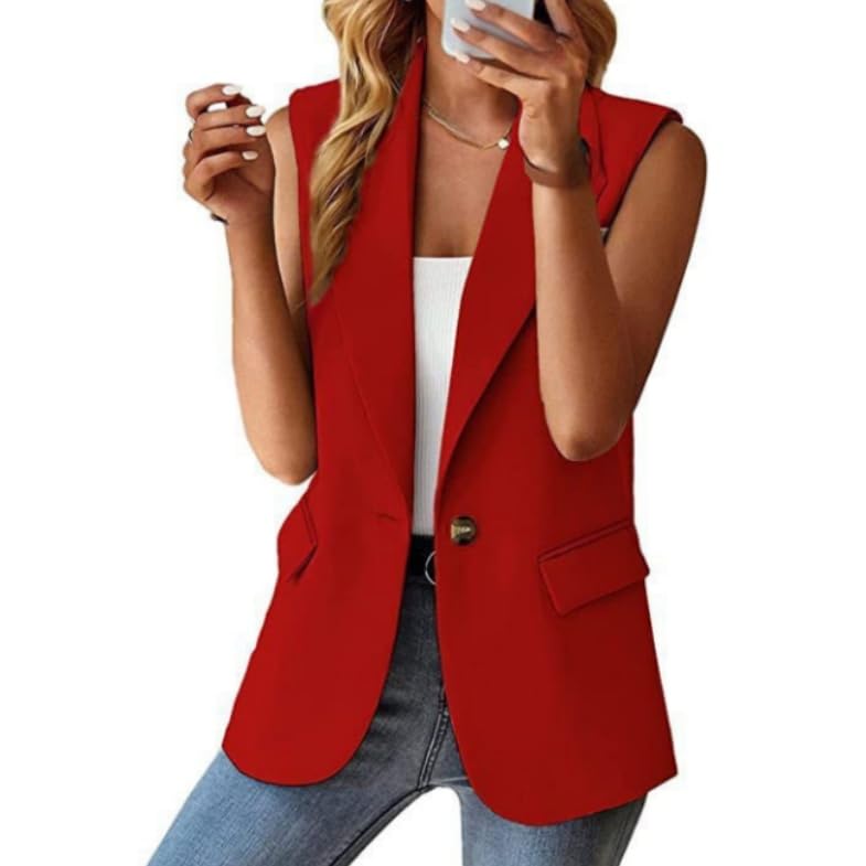 Chaleco Mujer Vestir,Blazer Sin Mangas para Mujer, Estilo Vintage, con Solapa con Muescas, Largo, para Oficina, con Forro Completo, Chaqueta De Un Botón con Bolsillos, Talla Grande, Color Rojo, Xxl