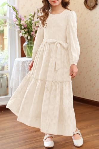 MITILLY Fall Flower Girl Dress Long Sleeve Elegant Crew Neck A-Line Elastic Waist Formal Maxi Dresses with Belt 6-12 Years3
