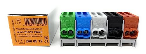 Pollmann Hauptleitungs Abzweigklemme 5 polig für Hutschiene - Strom Verteiler mit VDE, Braun / Grün / Schwarz / Blau / Grau, Kunststoff