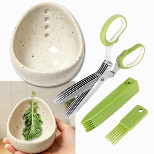 2026 Latest Herb Stripper Pottery Bowl Cutter Tool: Stripping Ceramic Fresh Herbs Kale Striper Cilantro Cutting Razor Gifts Herbalists Peeler Shredder Chopper Clay Copper Small Cup (White)