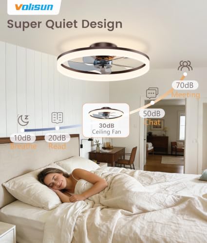 Image of VOLISUN Low Profile Ceiling Fans with Lights and Remote, 20in Fandelier Ceiling Fan Flush Mount, 3000K-6500K Smart Bladeless LED Fan Light, Brown Modern Ceiling Fans with Lights for Bedroom