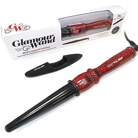 Corioliss Conical Glamour Wand, Red Leopard, Tourmaline Coated Ceramic Barrel, Professional Hair Curling Wands, Negative Ion, Heat Resistant Finger Glove included, 2 Year Warranty Cover