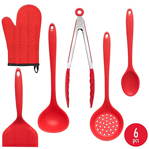 Kit 6 Utensílio Silicone Conchas Espatula Luva Térmica Forno - Vermelho