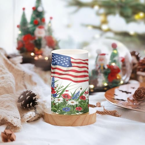 Image of Lights Flameless Candles Wildflowers American Flag Pillar Candles Set of 2 Battery Operated Remote Control Warm Lights Home Decor