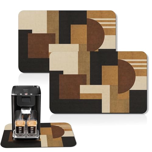 Arttown Coffee Mat for Countertops, 2 Pack, 12" x 19" Geometric Retro | Ethnic Modern Dish Drying Mats Rubber Backed, Kitchen Bar Accessories for Espresso Machine Rack Hide Stain