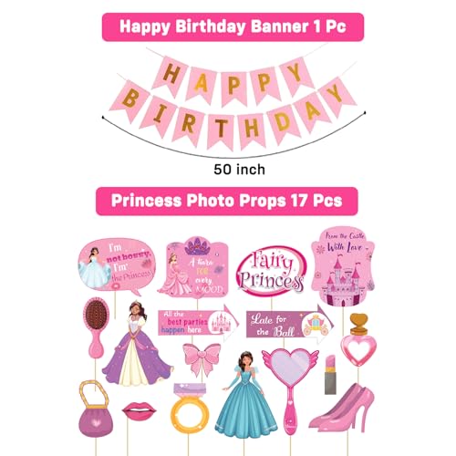 Image of Party Propz Princess Theme Birthday Decoration Items for Girls - 18 Pcs Happy Birthday Banner with Princess Photo Booth Props, Pink Theme Decoration for Kids