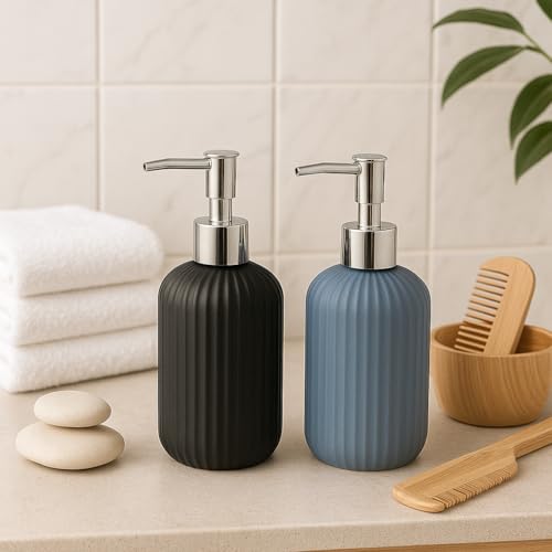 Image of LAGET 300ml Soap Dispenser for Wash Basin -Ribbed Design | Kitchen and Bathroom Accessories Items | Liquid Handwash Dispenser Bottle Chrome Finsih Top- Set of 2 (Black and Metallic Blue)