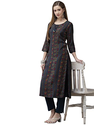 Image of ishin Women's Rayon Burgundy Embellished A-Line Kurta set With Skirt