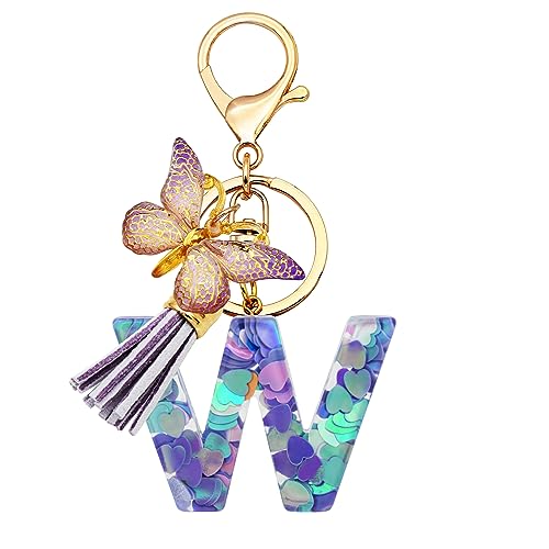 Chaveiro com letra inicial do alfabeto para mulheres, presente para meninas, borla com pingente de borboleta, chaveiro para mochila escolar, Roxo-w, Standard