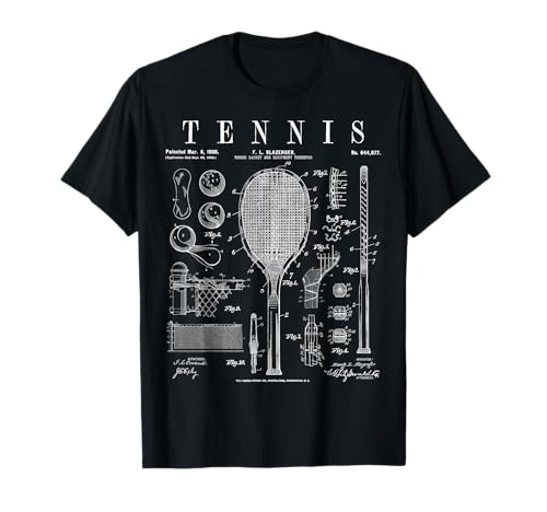 Raqueta de Tenis y Pelota Vieja impresión de Dibujo de Patente Vintage Camiseta