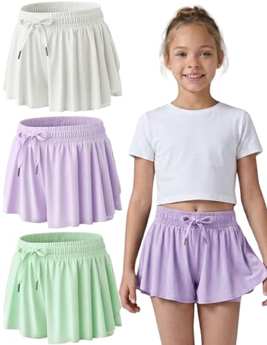 Image of 3 Pack Girls Flowy Shorts with Spandex Liner 2-in-1 Youth Butterfly Skirts for Fitness, Running, Sports