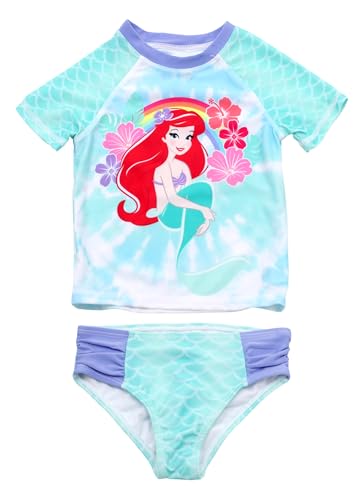 Image of Disney Ariel The Little Mermaid 2 Piece Rash Guard Swim Bottom Set Swimsuit for Toddler Girls, Turquoise, 2T