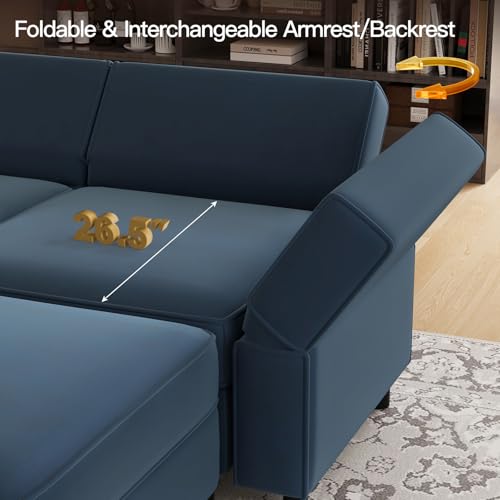 Belffin Modular Velvet Sectional Sofa with Chaise Lounge Sectional Sleeper Sofa with Storage Chaise Bed Couch for Living Room Blue