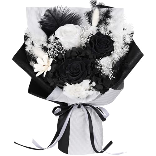 Flores Preservadas – Ramo de 3 Rosas Eternas Reales en Caja Regalo, Blanco y Negro Duraderas, Regalo para San Valentín, Aniversario y Cumpleaños, Regalos para Mujer, Hombre, Novia, Esposa, Amigo
