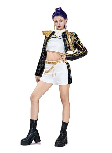 OSIAS Women Rumi Cosplay Costume Golden Stage Outfit Black With Sequined Design (XL)