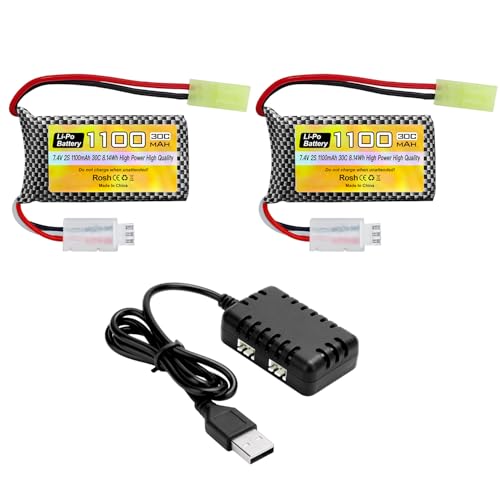 2PCS 7.4V Lipo 2S 30C 1100mAh Batería + 1 Remolque 2 Cargador para 9300 9310 9305E 9304E 9303E 9302E 9301 9201E,1/10、1/16、1/18、1/24 Coche de Juguete RC