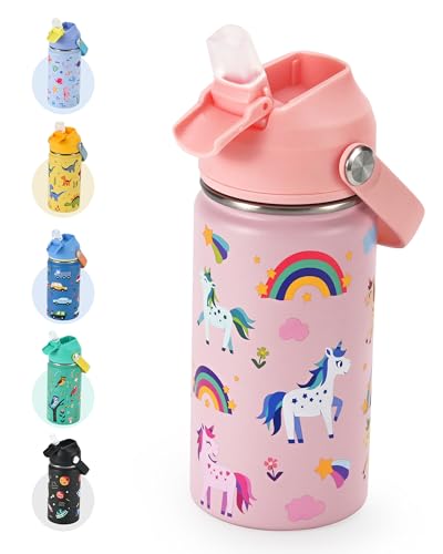 Kids Water Bottle 14oz with Silicone Straw Lid - Insulated Water Bottle Stainless Steel Keeps Cold 24H, Leak Proof & Unicorn Prints Design | Custom Name Stickers for School, Daycare, Travel (Pink)