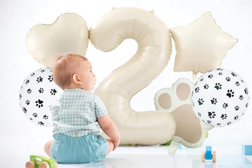 Image of 2nd Birthday Dog Paw Balloons Set,18'' Paw Prints, Heart,Star,Paw Shaped Foil Balloon 40''Cream Number 2 Helium balloons for Puppy Themed Baby Shower Second Birthday Party Decorations Supplies 6PCS