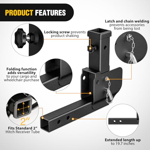 Image of Nilight Trailer Hitch Folding Extender Mount Shank 16.54 inch Compatible with Wheelchair Cargo Carrier Adapter for 2 Inch Receiver Trailer Hitch 500lbs Black Powder Coated